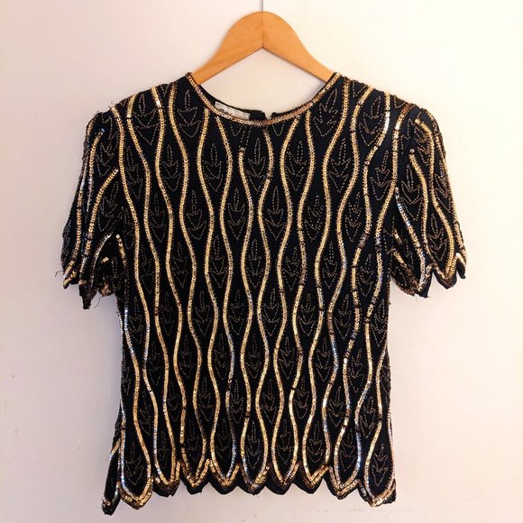 Stenay - Black and Gold Short Sleeve Blouse with Beading and Sequins - Picture 1 of 8